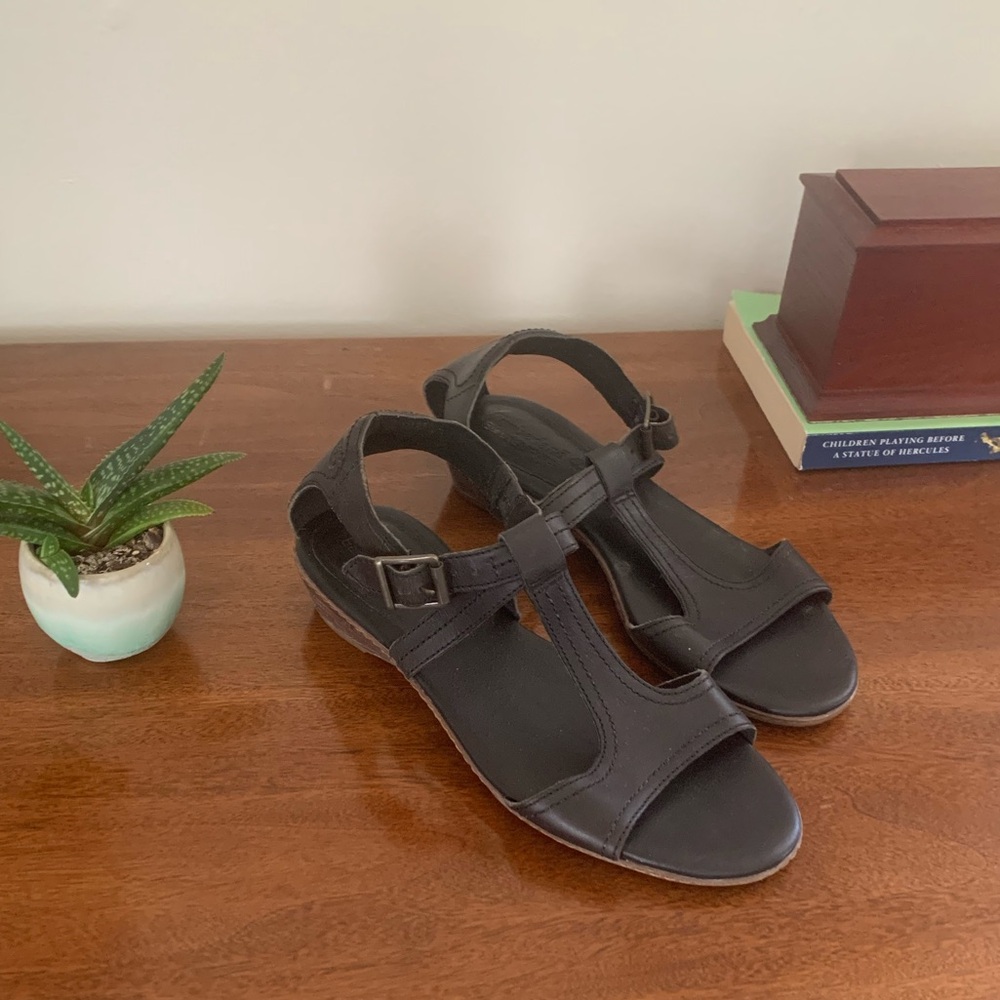 Women's Black Leather Flat Low Wedge Sandals